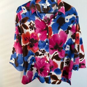 Women's Floral Button-Up Top - Pink, Blue, Brown